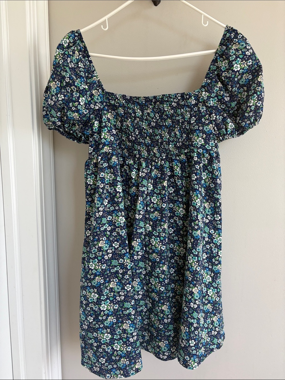 SHEIN Blue Floral Smocked Puff Sleeve Mini Dress